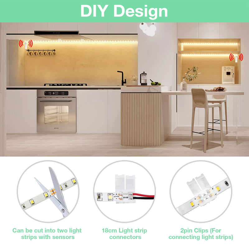 WOBANE Dual Motion Sensor Under Bed Lights,Rechargeable 16.4ft LED Light Strip,Battery Powered Tape Light for Shelves,Cabinet,Anywhere,PIR Detector,Cuttable,Flexible,2700K Warm White White&Warm White(2700K)