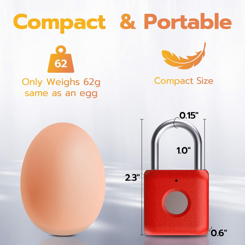 Pothunder Fingerprint Padlock, Smart Metal Keyless Fingerprint Lock, Waterproof, USB Rechargeable, for Gym, School, Luggage, Backpack, Suitcase, Red