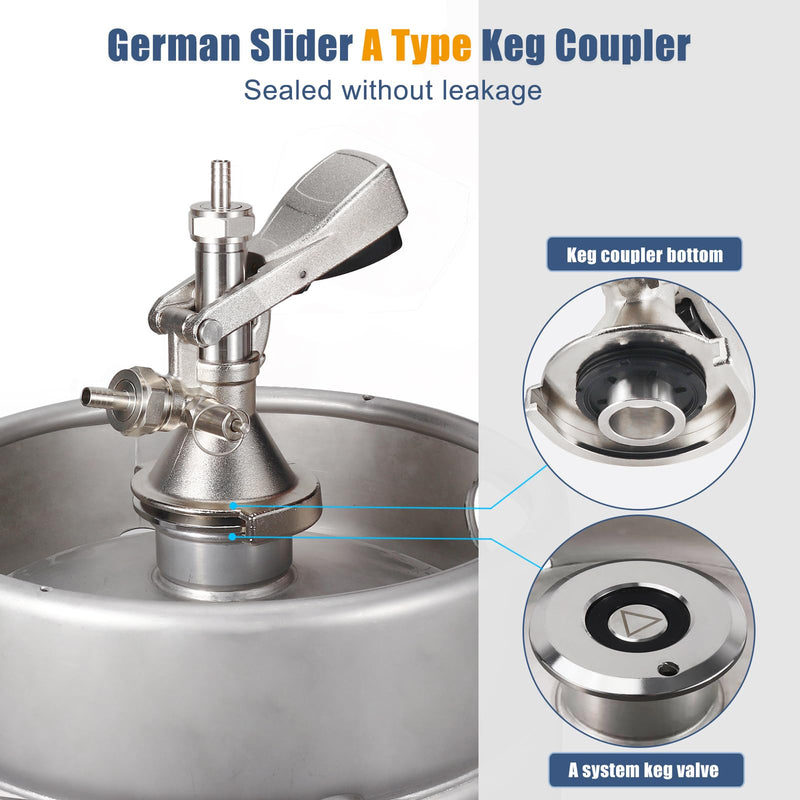 A type Keg Coupler German Slider A System Keg Coupler Stainless Steel Probe Beer Keg Tap for German A system Keg Coupler with Relief Valve Beer Barrel Coupler Kegerator Parts Includes stainless steel clamps