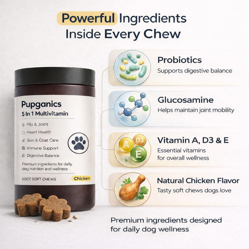 Pupganics Multivitamin Soft Chews for Dog, Dog Vitamins and Supplements for Immune System, Joint Support, Skin, Gut Health, with Probiotics, Glucosamine, Vitamin A/D3/E, Chicken Flavor, 60 Count (1) 1