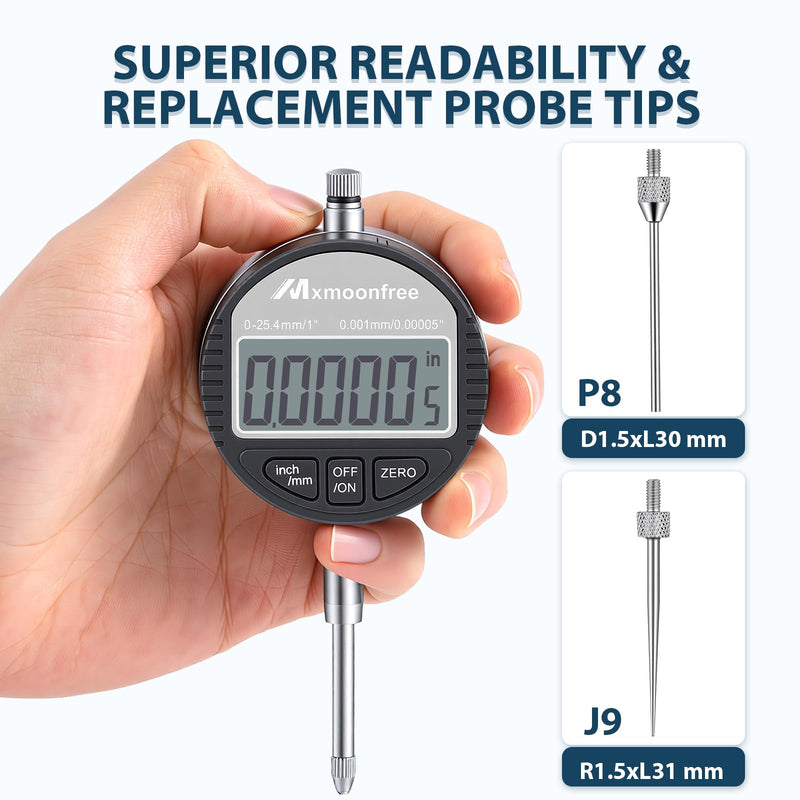 Digital Dial Indicator 1 inch/25.4 mm | 0.001mm/0.00005" Resolution, High-Speed Electronic Probe Test Gauge with LCD, Inch/Metric Conversion for Lathe, 3D Printer, CNC & Industrial Use 25.4mm/1.0"