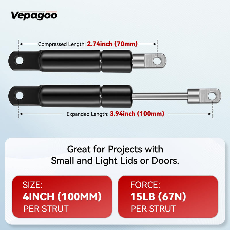 Vepagoo 4 Inch 15Lb/67N Gas Struts Spring Shocks Cabinet Door, 4 mm Hole Connector Mini Lift Supports for Cabinet Furniture Hinged Flip-up Door Storage Toy Tool Boxes, Set of 2