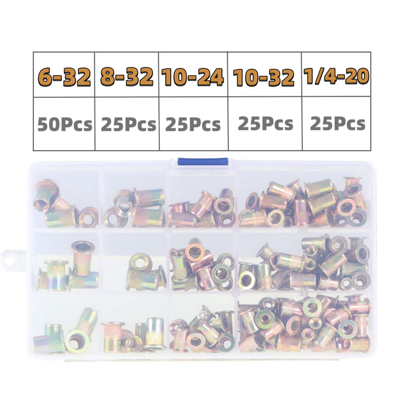150Pcs Rivet Nuts SAE (1/4-20 10-32 10-24 8-32 6-32) Rivet Nut Assortment Kit Carbon Steel Flat Head Threaded Insert Nutserts 1/4-20 10-32 10-24 8-32 6-32