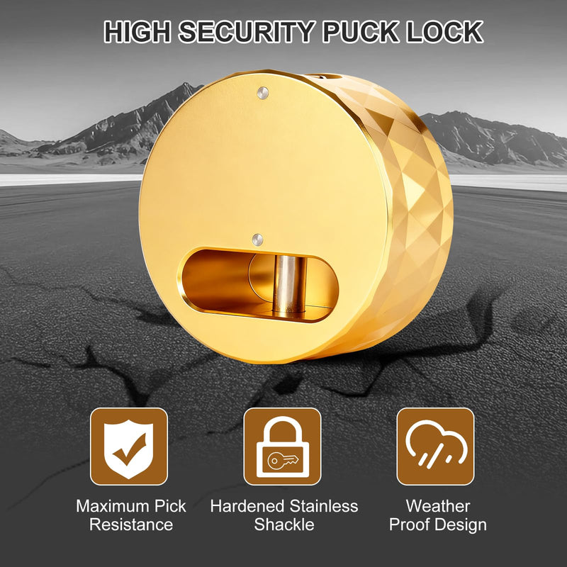 REETOMTAL Heavy Duty Hidden Shackle Lock, Solid Aluminum Puck Lock for Security Chains, Trailers Golden