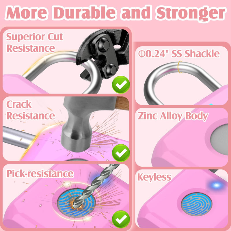 Pothunder Fingerprint Padlock, Locker Lock, Combination Lock, Fingerprint Lock with APP Unlock, USB Rechargeable, Suitable for Gym Locker, Door, Locker Rosebud Pink