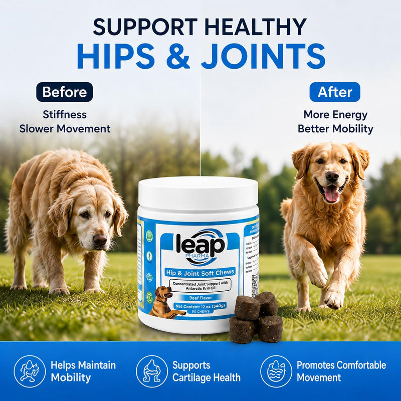 Dogs Suplements Hip & Joint - Krill Oil and Glucosamine Soft Chews, Joint Supplement for Dogs with Krill Oil,Glucosamine, Chondroitin, MSM, Turmeric, Anti Inflammatory, Mobility (Beef 90ct)