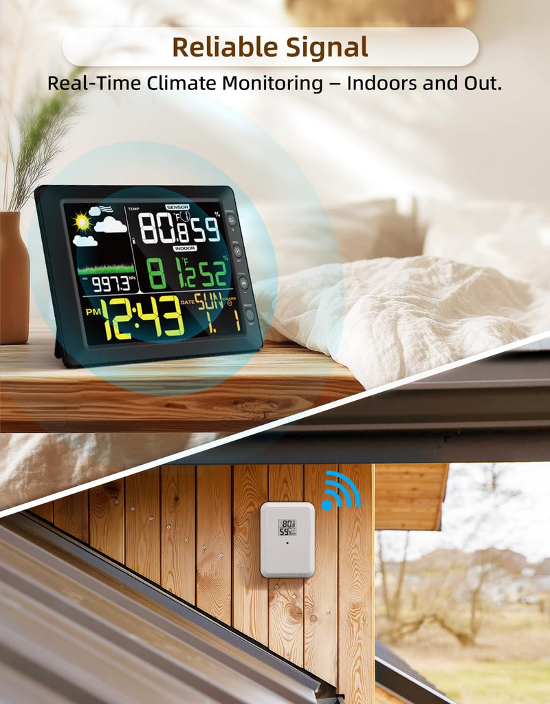 DOOMAY Indoor Outdoor Wireless Weather Station | Digital Thermometer Hygrometer Monitor with Barometric Pressure, Weather Forecast, Alarm Clock & Temp/Humidity Calibration