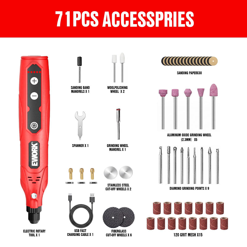 EWORK 71PCS Mini Rotary Tool, 5-Speed Rotary Tool Kit for DIY Enthusiasts Red (71pcs)