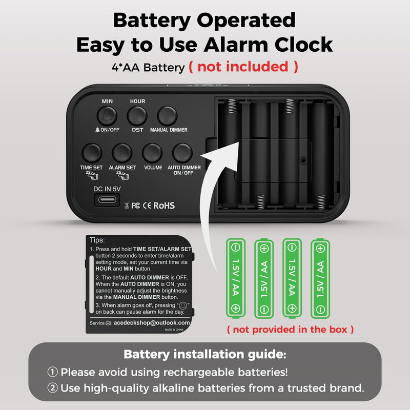 Battery Operated Digital Clock: Cordless Small Alarm Clock for Bedroom Travel - Large Numbers 4 Dimmers for All Ages Red Digits