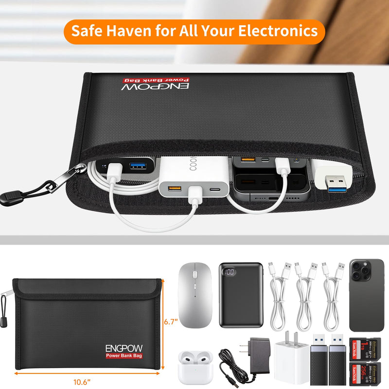 ENGPOW Fireproof Organizer Travel Bag,Heat Insulated＆Explosion-Proof Electronic Carry Case,Portable Home Travel Safe Storage for Power Bank,Phone,Cables,USB Drive＆Charging Protection, 10.6''x6.7'' 10.6'' x 6.7''