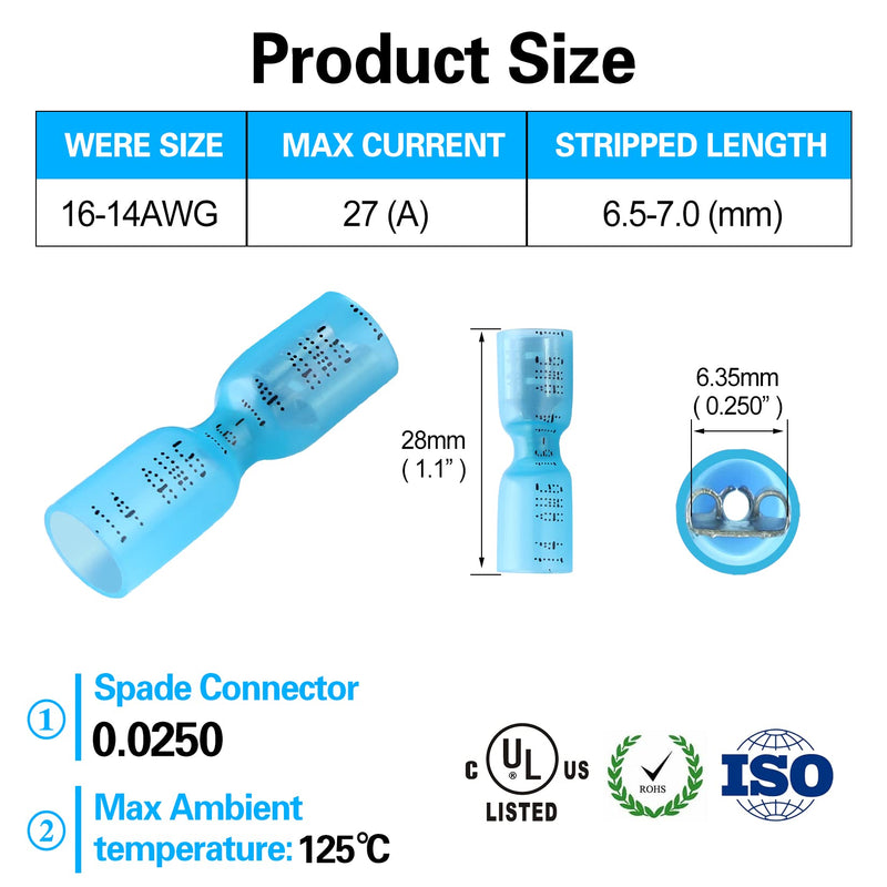 100 PCS 16-14 AWG Waterproof Heat Shrink Quick Disconnect Connectors, Crimp Electrical Wire Female Spade Connectors Insulated Disconnect for Marine Automotive Motorcycle Home Wiring (Blue) [16-14 AWG] Female x 100