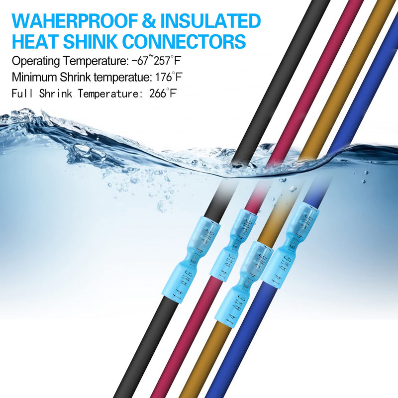 100 PCS 16-14 AWG Waterproof Heat Shrink Quick Disconnect Connectors, Crimp Electrical Wire Female Spade Connectors Insulated Disconnect for Marine Automotive Motorcycle Home Wiring (Blue) [16-14 AWG] Female x 100