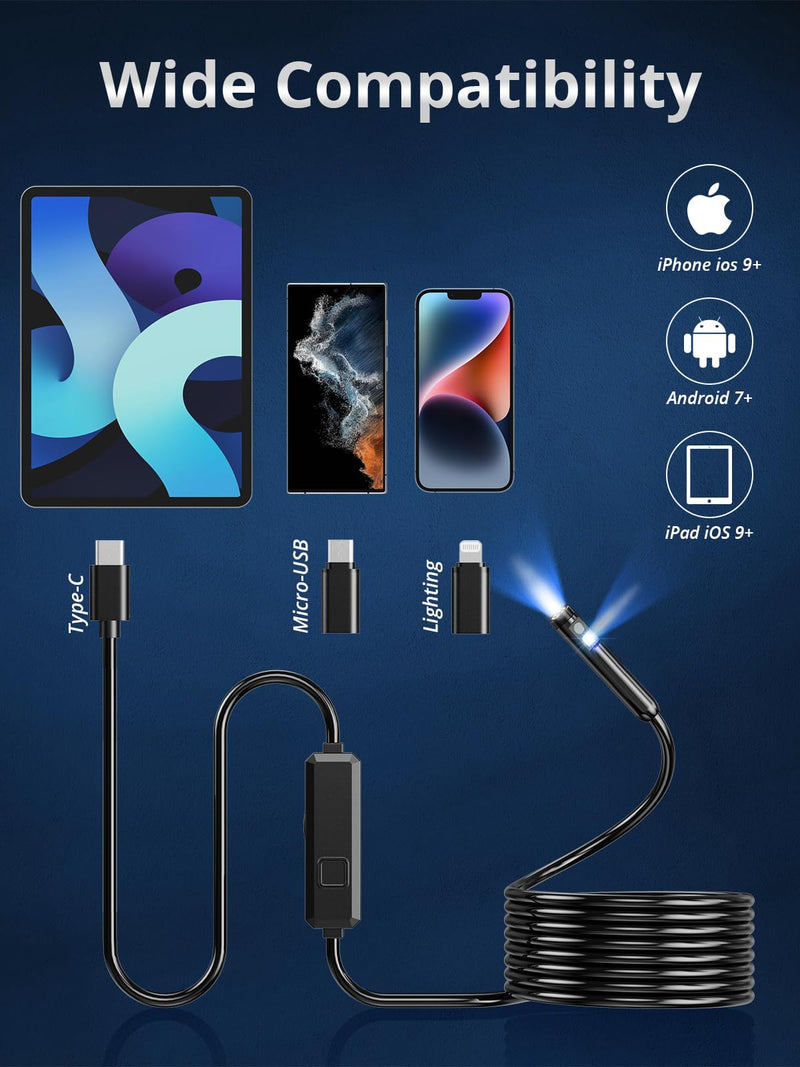Endoscope Camera with Light, Dual-Lens 1920P HD Borescope with 8 Adjustable LED Lights, IP67 Waterproof Boroscope Inspection Camera Tools, 16.4ft Semi-Rigid Snake Camera for iOS & Android 16.4FT Snake Camera
