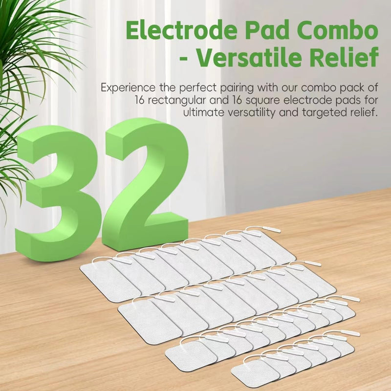 TENS Unit Pads 32Pcs, 3rd Gen Reusable Latex-Free Replacement Pads Electrode Pads with Upgraded Self-Stick Performance for Muscle Stimulator Electrotherapy (2"x2" 16pcs, 2"x4" 16pcs)