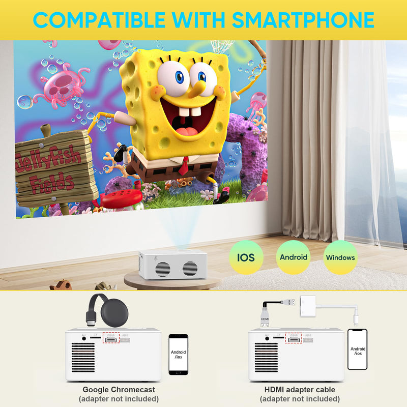 Mini Bluetooth Projector, Full HD 1080P Supported Portable Outdoor Movie Projector for iOS, Android, Windows, Compatible with TV Stick/HDMI/Smartphone/PS4/USB [Remote Included] A-9500 Bluetooth