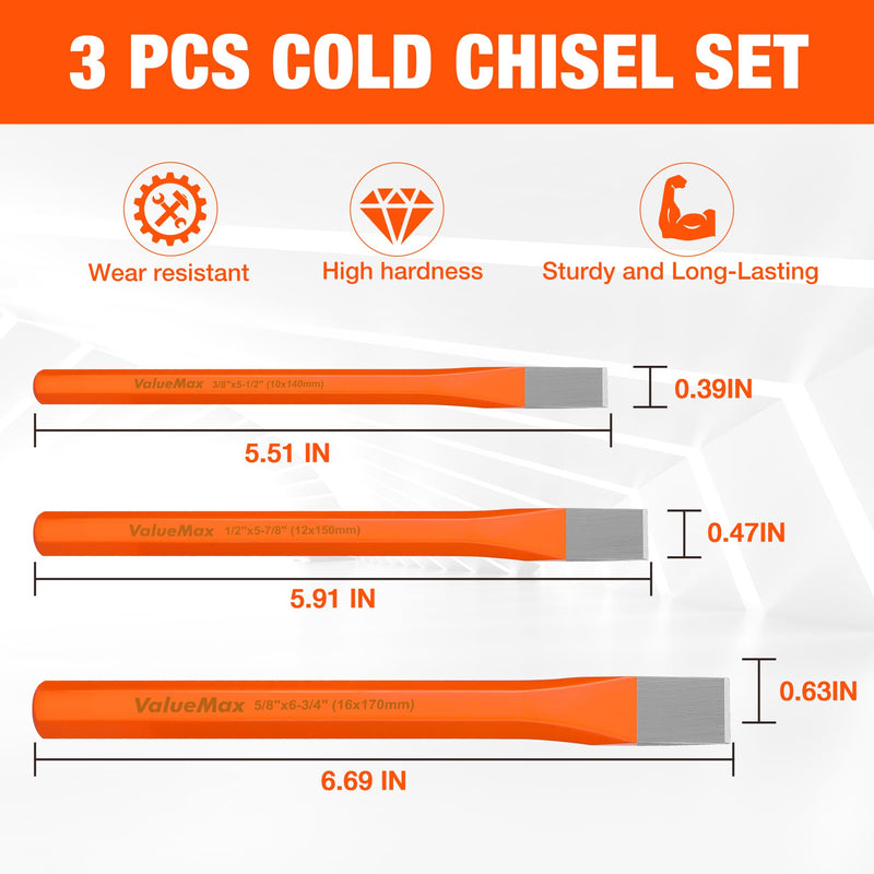 ValueMax 3-Piece Heavy Duty Cold Chisel Set, 3/8-Inch, 1/2-Inch & 5/8-Inch Metal Chisel Set, Premium Cr-V Steel, for Carpentry, Metalwork, Woodwork & Masonry Work
