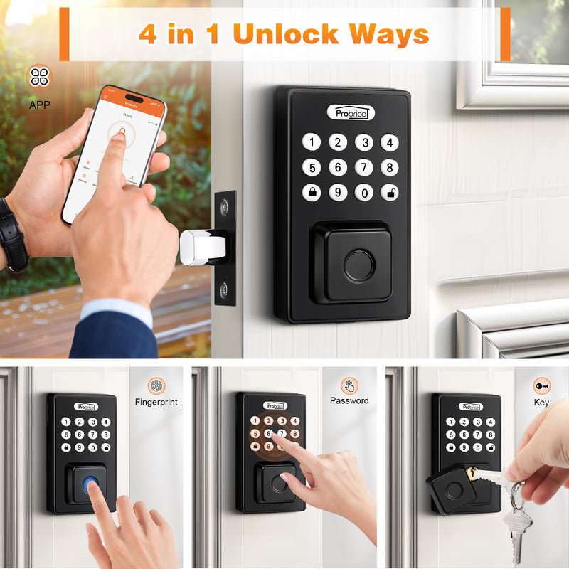 Probrico Smart Fingerprint Door Lock for Front Door, Keyless Entry Door Deadbollt Lock with Digital Keypad Code, Electronic Smart Deadbolt with App Control, Auto Lock, Bluetooth, Black