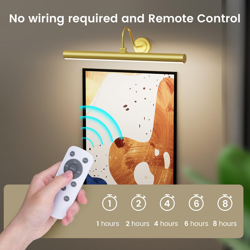 Bridika 16.5in Picture Lights for Wall Battery Operated, Wireless Picture Light with Remote, 3 Color Modes and Dimmable Classic Art Light for Paintings, Gallery, Dartboard with Timer (Gold, 1 Pack) Gold