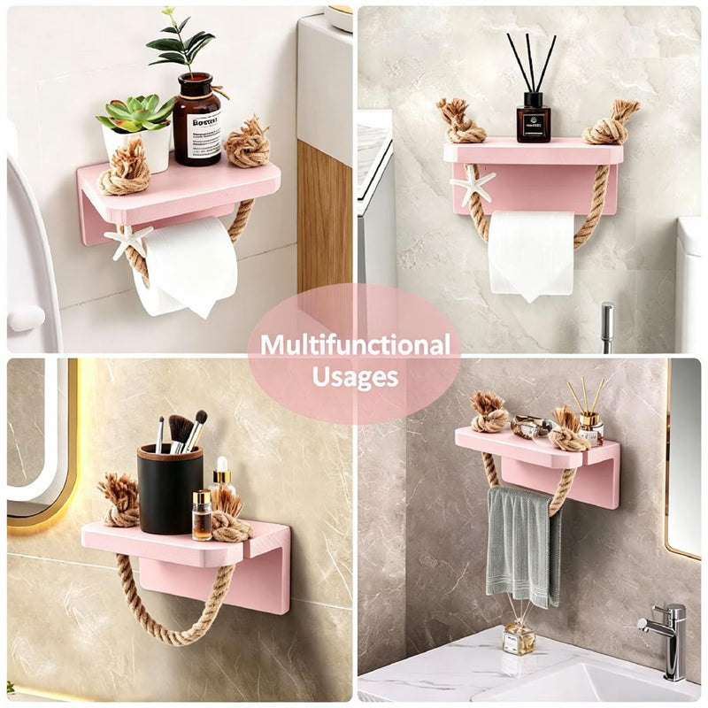Mermaid Toilet Paper Holder - Pink Beach Coastal Rope Bathroom Decor with Starfish Wall Mount, Farmhouse Tissue Holder with Wood Shelf, Rustic Towel Rack Bathroom Accessories
