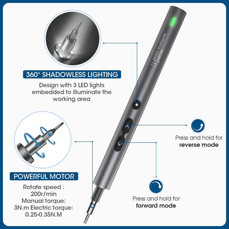 LIFEGOO Mini Electric Screwdriver, 62 in 1 Cordless Precision Power Screwdriver Set with 48 Bits, LED Lights Magnetic Mat, Rechargeable Portable Repair Tool Kit for Phone Watch Camera Laptop PC 62 in 1 Gray