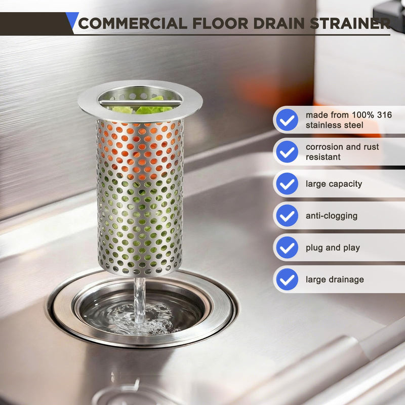 1 Pcs Commercial Floor Drain Strainer Perforated Cylindrical Mesh 316 Stainless Steel Drain Basket with Carry Handle –heavy-duty, for Restaurants, Kitchens, Factory (2" Diameter X 4" Tall) 1 2" Diameter X 4" Tall
