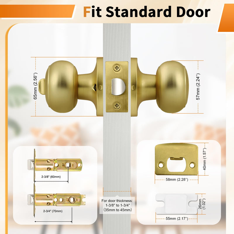 Probrico Brushed Brass Door Knobs for Bedroom Bathroom, Interior Door Knob with Round Ball, Gold Privacy Door Knob, 3 Pack