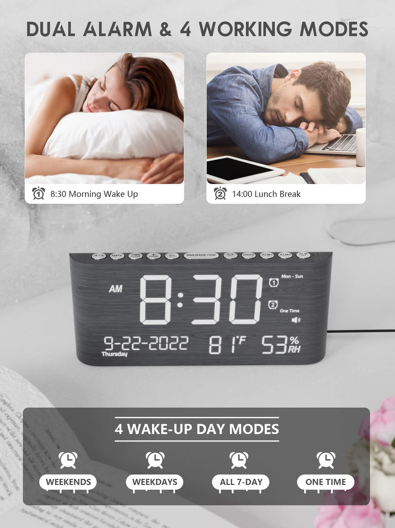 Wooden Digital Alarm Clocks for Bedrooms, Bedside Desk Clock with Day and Date, USB Charging Port, Temperature & Humidity Detect, Weekday/Weekend Mode, Dual Alarm, 2-100% Brightness Dimmer, 12/24H Darkgray