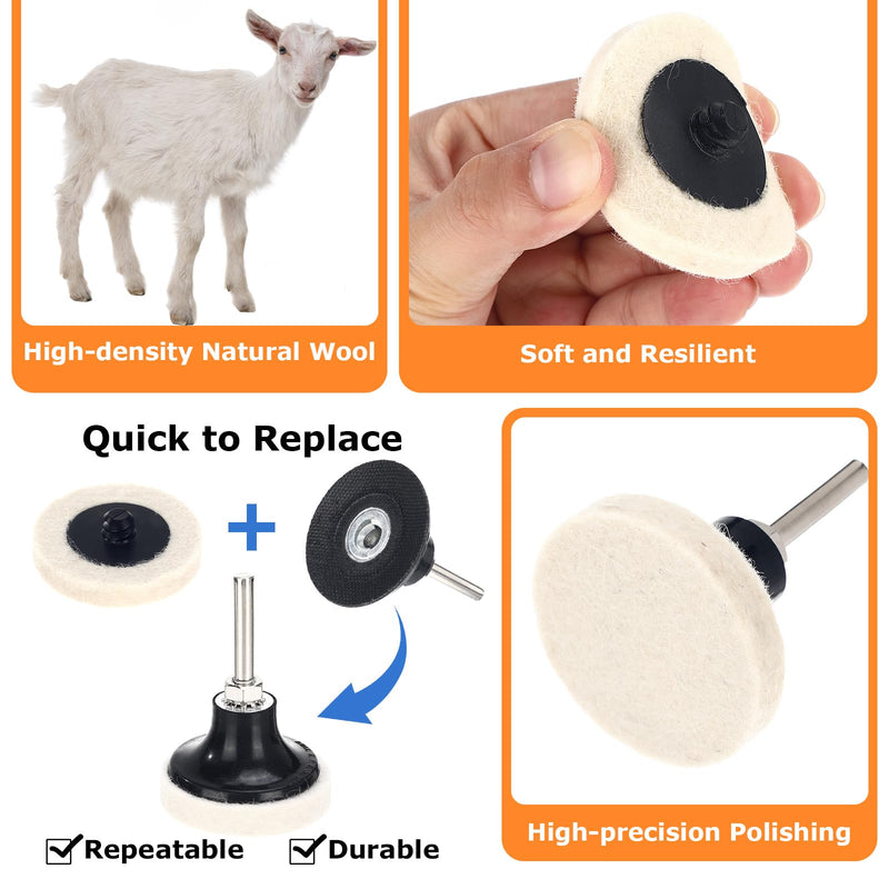 100 Pcs 2 Inch Wool Polishing Wheel Buffing Pads for Drill 1/4" Shank Pads Commpressed Wool Fabric Qc Disc Polishing Buffing Pad Wheels and 1 Pcs Disc Pad Holder for Cleaning Sanding