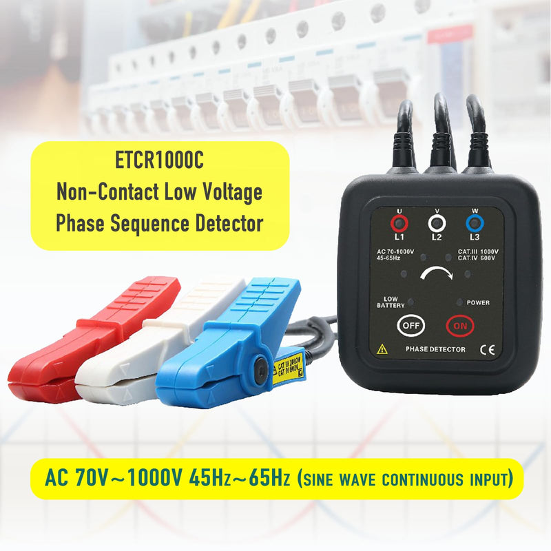 ETCR1000C Non-Contact Phase Sequence Tester Phase Rotation Meter | For insulated wires 0.06-0.6in (1.6-16mm) diameter, suitable for AC 70-1000V phase sequence testing
