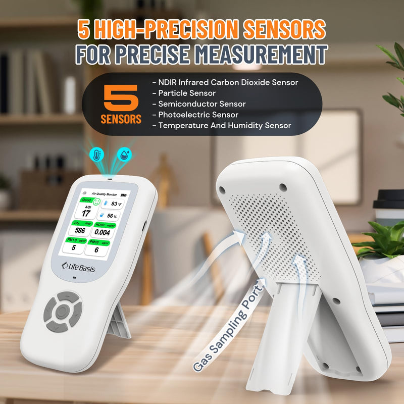 LifeBasis Air Quality Monitor Indoor, 10-in-1 Air Quality Detector with Stand, Real-Time Air Meter Test AQI, PM1.0, PM2.5, PM10, CO2, TVOC, HCHO, Particles, Temperature and Humidity with Alert -White