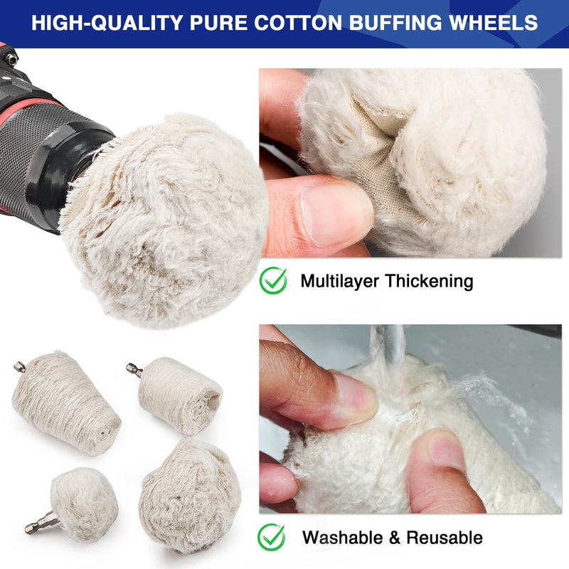 8PCS Buffing Wheels for Drill, Non-Woven & Cotton Polishing Wheels for Drill 1/4" Secure Hex Shank, Rust Removal and Mirror Finish for Car Motorcycle Wheel Rim Headlight Metal Aluminum Brass