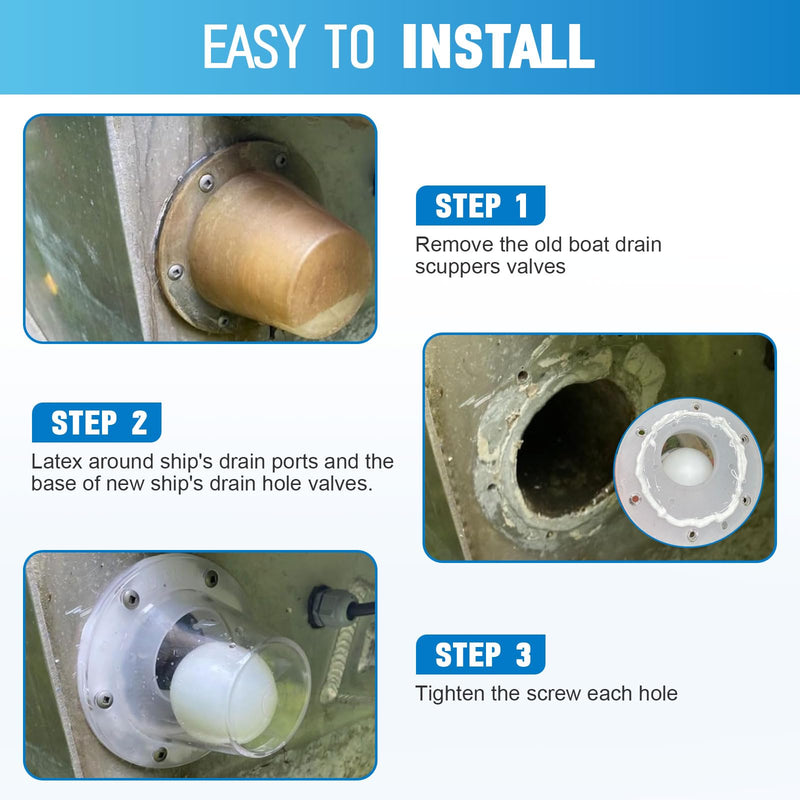 Boats Scupper Drain Self-Bailing Scupper Valve Fits 3/4 inch to 1-1/2 inch Openings - Boat Deck Drain Scupper Diameter 2-7/8 Inch - Efficient Self-Draining & Anti-Reflux Boat Ball scuppers