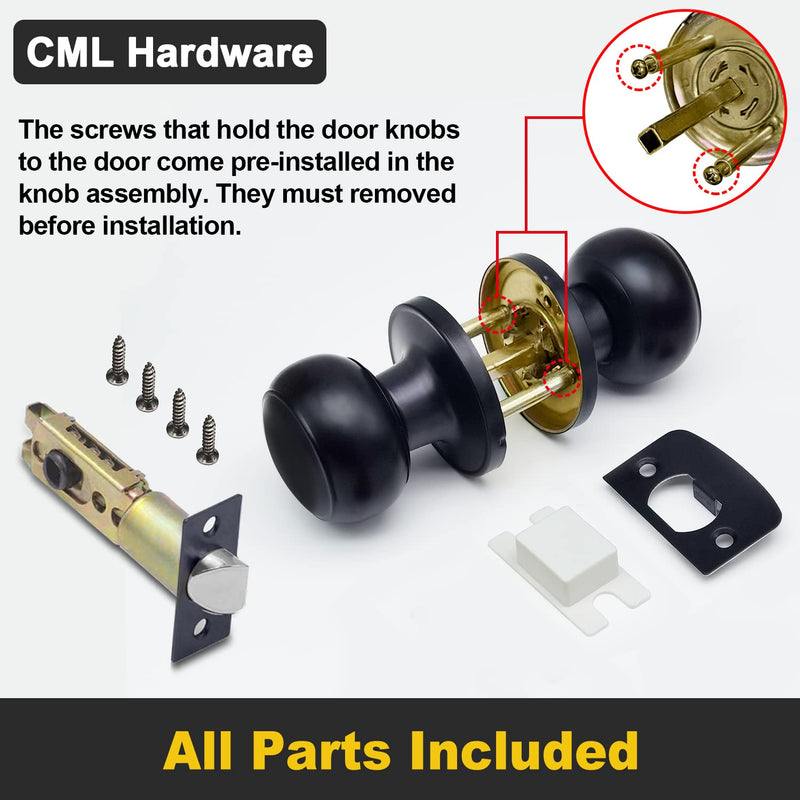 CML Hardware (4 Pack) Passage Door Knob, Matte Black Interior Door Lock Set for Hallway or Closet, No Locking, Round Ball Handle 4 Pack Passage Knob