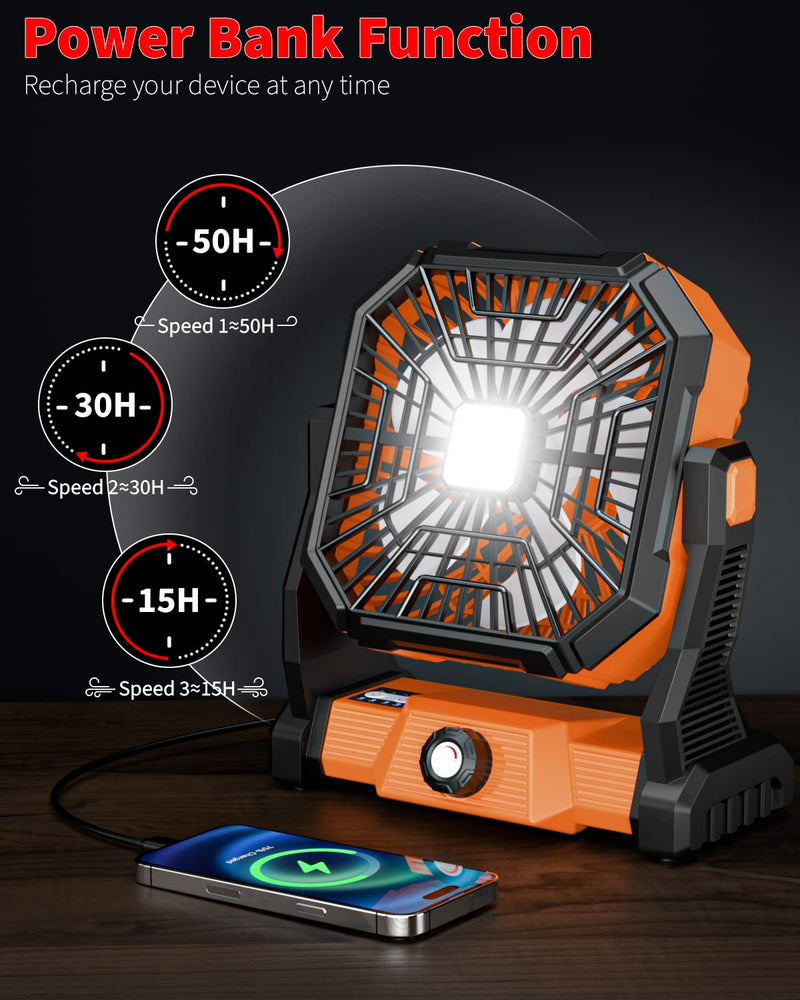 Portable Camping Fan,20000mAh Rechargeable Battery Powered Fan with LED Lantern, USB-C Battery Operated Fans,Ultra Quiet, for Outdoor Indoor Use,Travel, Tent,Beach, Picnic,Barbecue, Fishing,Home Orange