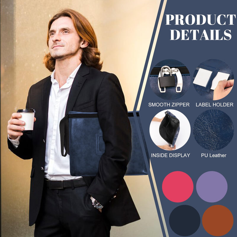 Blue Leather Notary Bag with Lock - 13.2 * 10 Inches, Cash Bag with Zipper and 2 Keys for Document and Passport Storage Blue