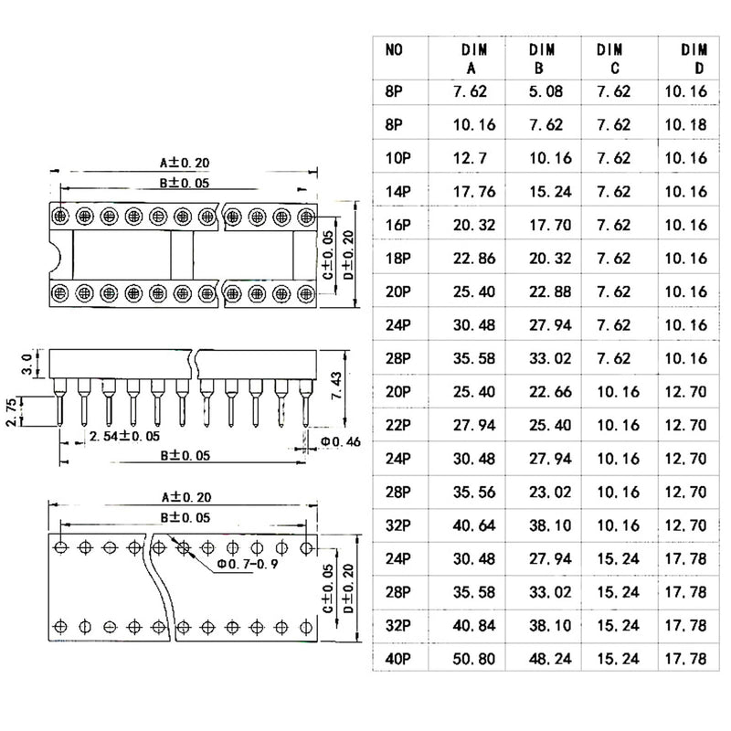 8Pcs IC Socket 40P DIP IC Chip Socket Adaptor 2.54mm Pitch Dual Row 40 Flat Pin 15mm Row Pitch Narrow Body 40P Wide