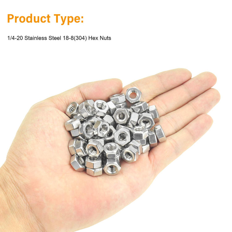 100 Pieces 1/4"-20 Stainless Hex Nut, Stainless Steel (304) 18-8 Nuts