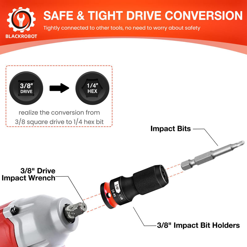 Quick Release Impact Bit Holders 3/8-Inch Square Drive to 1/4-Inch Hex Socket Adapter, CR-MO Steel, Red 3/8 Impact Bit Holder-1