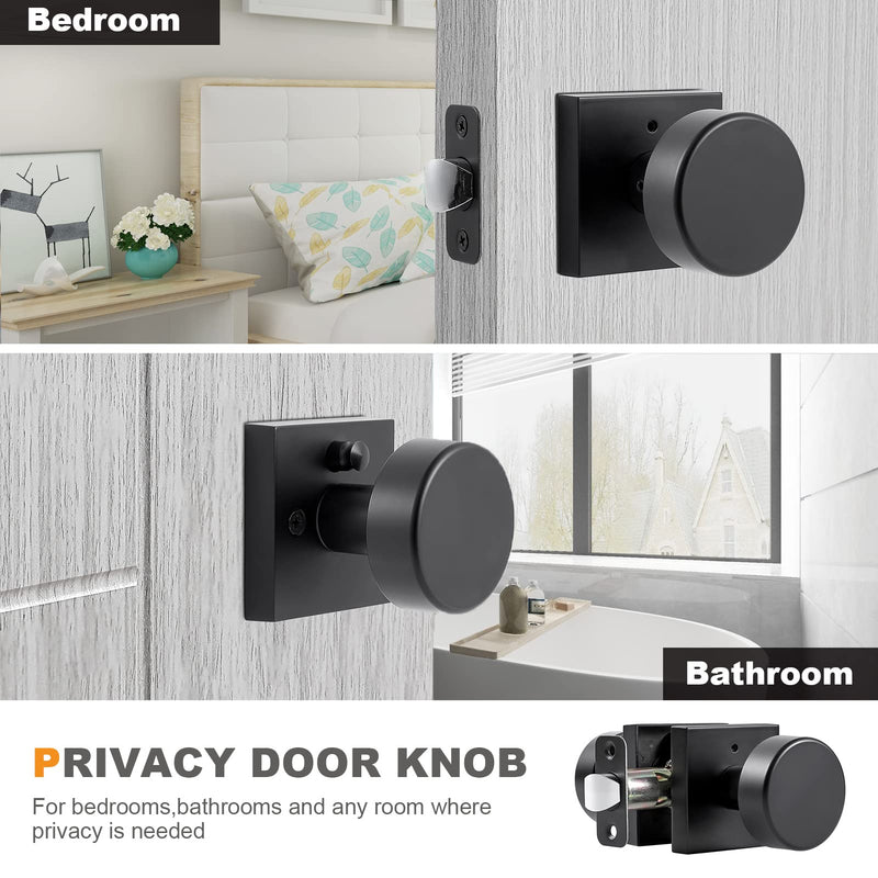 Privacy Black Door Knobs Interior, Matte Black Interior Door Knob with Lock, Square Modern Door Knob Handles for Bedroom and Bathroom, Heavy Duty Design Privacy