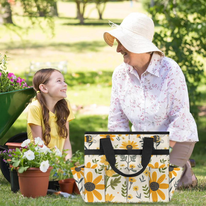 Bee Flower Garden Tool Bag for Women Waterproof & Reusable Heavy Duty Gardening Tote Storage Organizer Toiletry Bag with 10 Pockets for Garden Lawn Yard Casual Camp Bee Flower