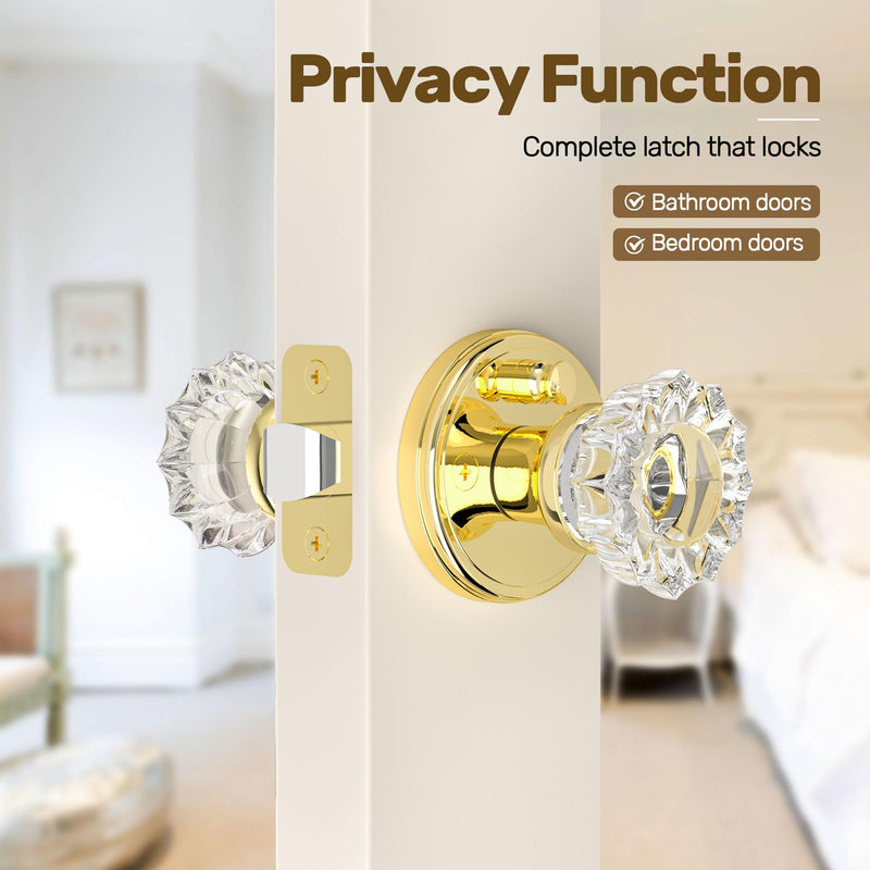 Glass Door Knobs Interior, Privacy Crystal Door Knobs with Lock for Bedroom Bathroom, Push Pin Button Inside Lock Polished Gold Privacy 1Pack
