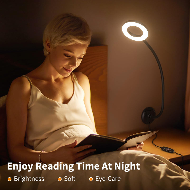 Wall Mounted Lamp, Reading Light for Book in Bed at Night, Shadowless LED Lamp for Workbench Bedroom Bedside Headboard, Eye Care 5 Color & Brightness Adjustable, 360 Flexible Gooseneck, Black 1Unit / Black