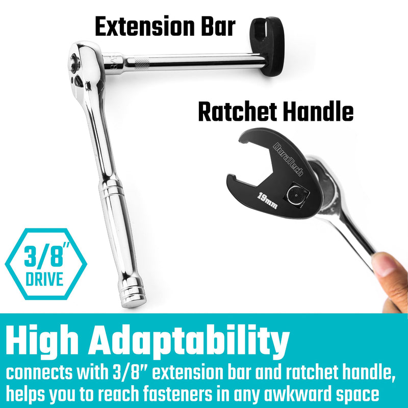 DURATECH 10-Piece 3/8" Drive Crowfoot Wrench Set, Flare Nut Wrench Set, Open End Wrench Set, Metric, Size Covers 10-19mm, CR-V Steel, with Zipper Bag