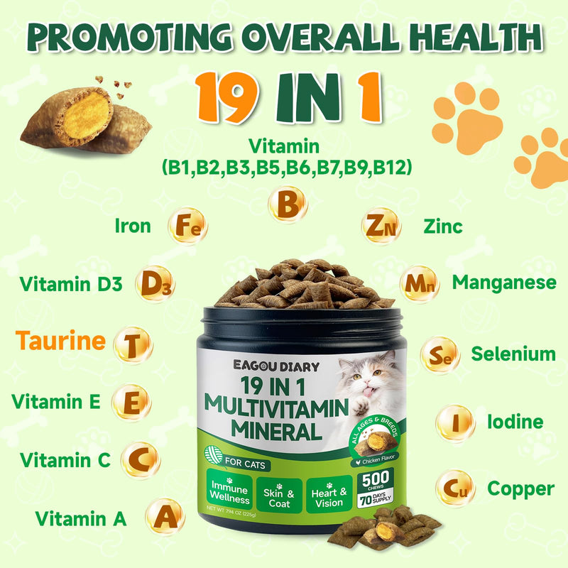 Taurine for Cat Vitamins Treat - 70 Days Supply Cat Multivitamin for Cats, Supports Feline Heart & Vision, Skin Coat, Joint, Immune, Digestion, 19 in 1 Taurine Supplement for Cats Taurine, Mineral