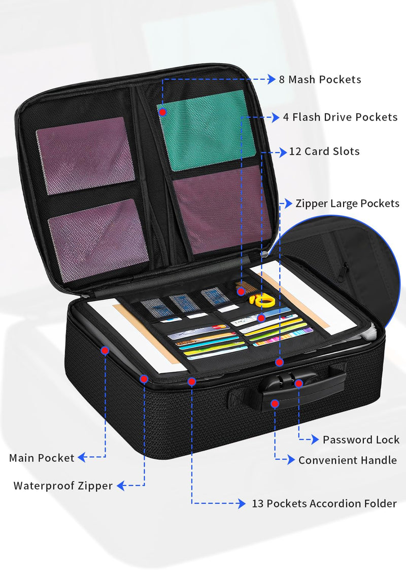 Fireproof Document Box with Lock,Waterproof Document Organizer with Zipper,Heat Insulated Accordion File Organizer,Portable File Box for Important Documents,Files,13 Pockets Luxurious