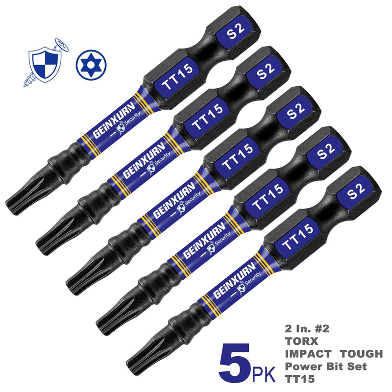 5 Pieces T15 Hollow 2 In. Impact Tough Magnetic Insert Bit Set, #15 Security Torx Head Power Bits, S2 Alloy Steel Star T15 Screwdriver Bits Set TT15 2"-5PCS