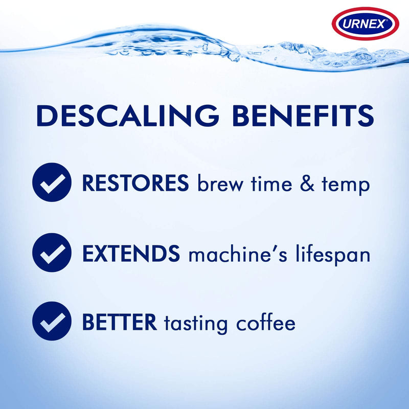 Urnex Dezcal Coffee and Espresso Descaler and Cleaner - 2 Pack - Activated Scale Remover Use with Home Coffee Brewers Espresso Machines Pod Machines Capsule Machines Kettles Garmet Steamers