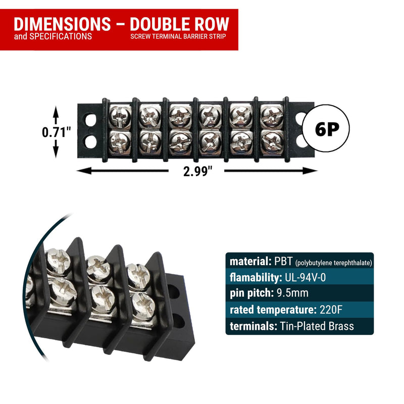 MGI SpeedWare 6 Circuit Double Screw Terminal Junction Block 300V/20A, Row Barrier Strip (2-Pack) 2