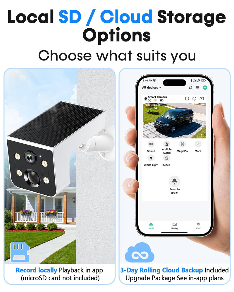 Solar Powered Outdoor Wireless Camera: 2K HD, Motion Detection, Color Night Vision, Waterproof IP67, Easy Setup for Home & Business Monitoring, No Monthly Fees White Single Pack