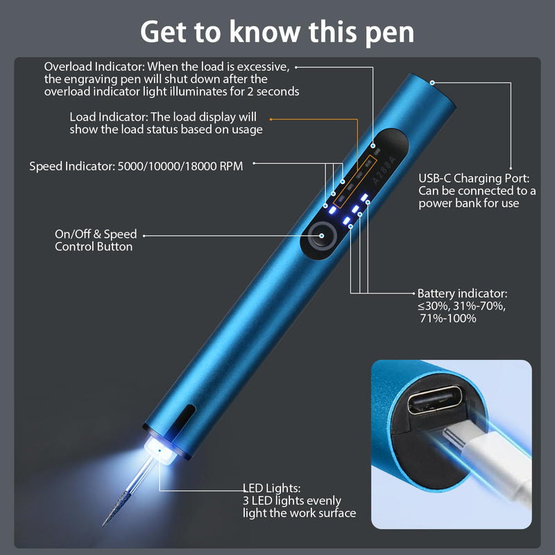 Mini Cordless Electric Engraving Pen with 30 Carving & 2 Drilling & 1 Tungsten Carbide Grinding Rotary Bits for DIY Crafts, USB LED Light 3-Speed Tool Kit for Metal, Wood, Glass, Plastic (Blue) Blue